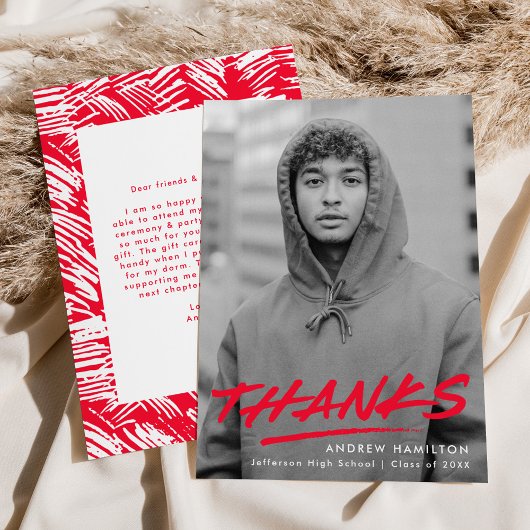 Modern Dashed Red Photo Afstuderen Bedankkaart