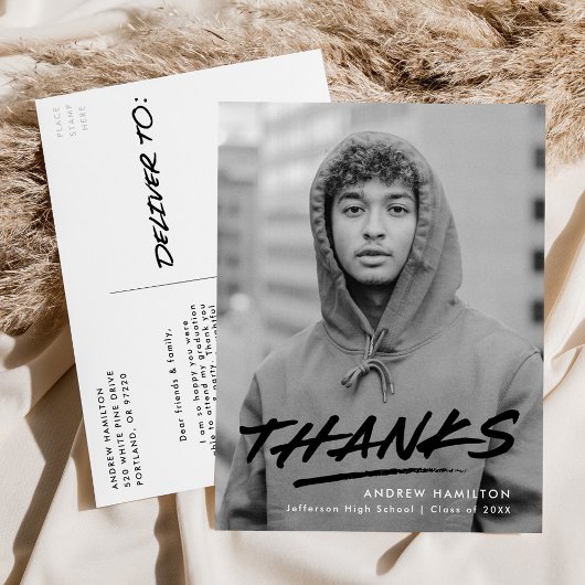 Modern Dashed Zwart Foto Afstuderen Dank u Briefkaart