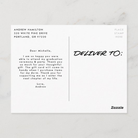 Modern Dashed Zwart Foto Afstuderen Dank u Briefkaart (Achterkant)