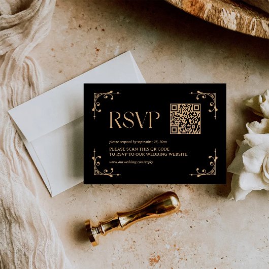 Modern Deco | Black and Gold Wedding QR Code RSVP Kaartje