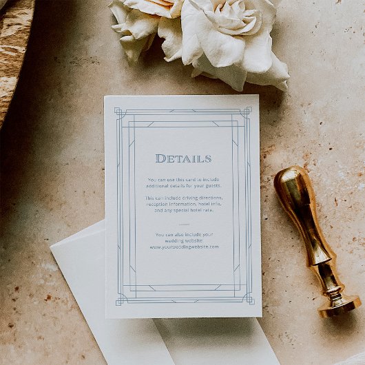 Modern Deco | Details witte en blauwe bruiloft Informatiekaartje