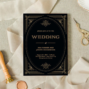 Modern Deco Elegant Black and Gold Wedding Kaart