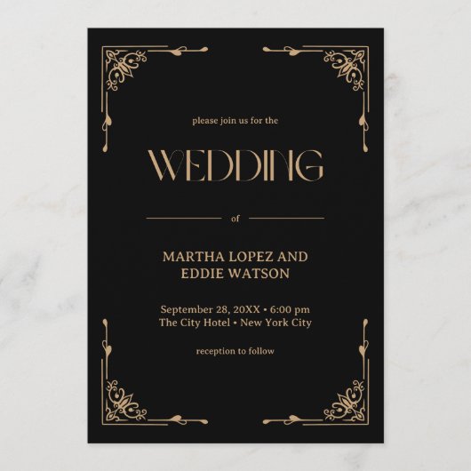 Modern Deco | Elegant Black and Gold Wedding Kaart (Voorkant)