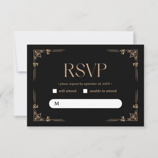 Modern Deco | Elegant Black and Gold Wedding RSVP Kaartje (Voorkant)