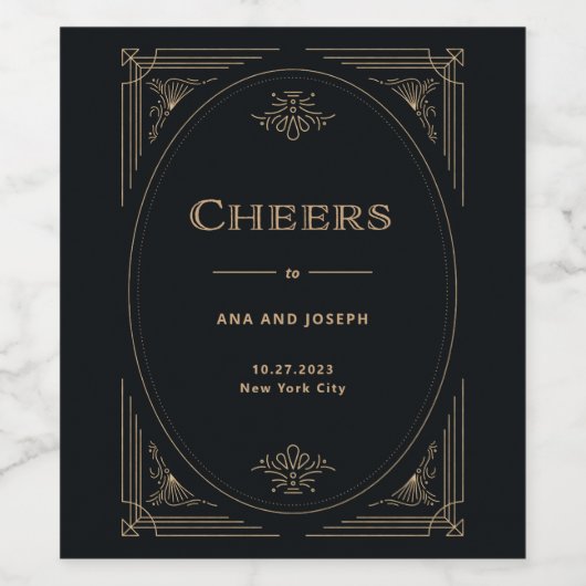 Modern Deco | Elegant Black and Gold Wedding Wijn Etiket (Enkel label)