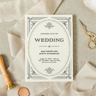 Modern Deco Elegant Black and Ivory Wedding Kaart