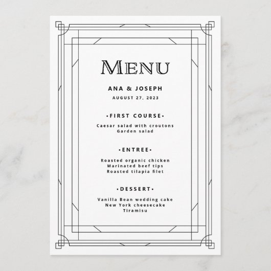 Modern Deco | Elegant Black and White Wedding Menu (Voorkant)