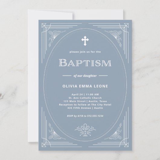 Modern Deco | Elegant Dusty Blue en White Baptism Kaart (Voorkant)