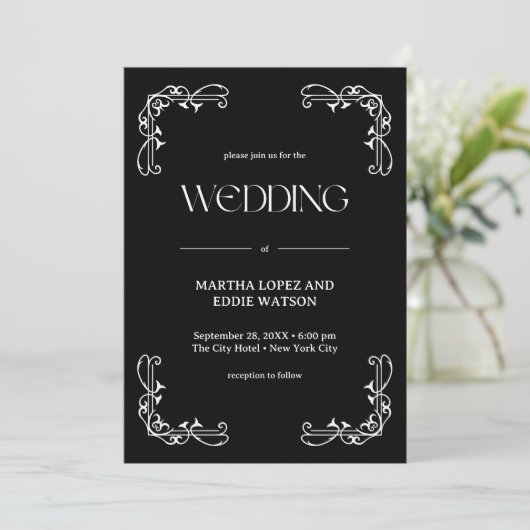 Modern Deco | Elegant Onyx Black and White Wedding Kaart (Staand voorkant)