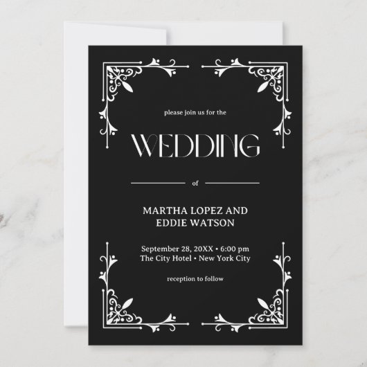 Modern Deco | Elegant Onyx Black and White Wedding Kaart (Voorkant)
