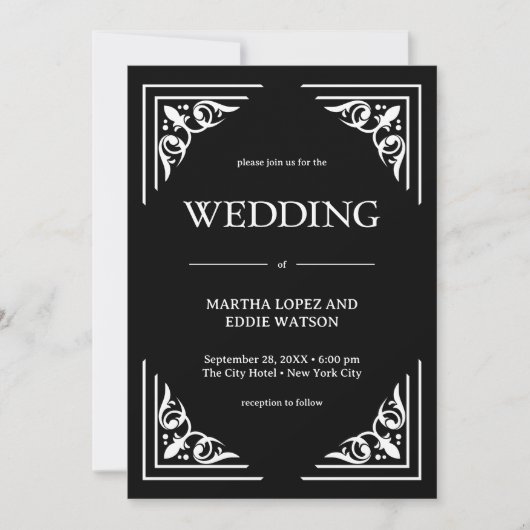 Modern Deco | Elegant Onyx Black and White Wedding Kaart (Voorkant)
