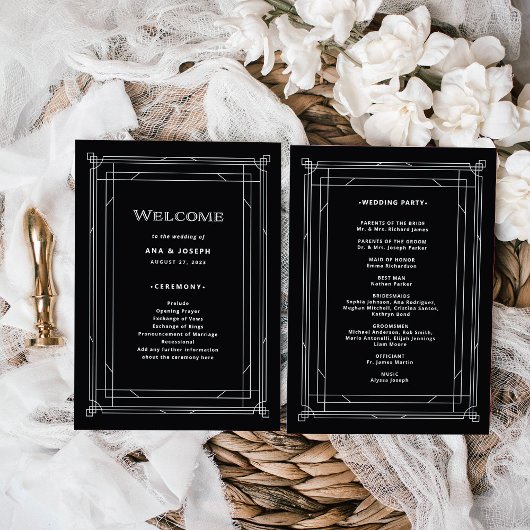 Modern Deco | Elegant Onyx Black and White Wedding Programma