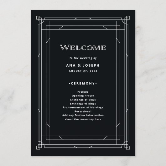 Modern Deco | Elegant Onyx Black and White Wedding Programma (Voorkant)