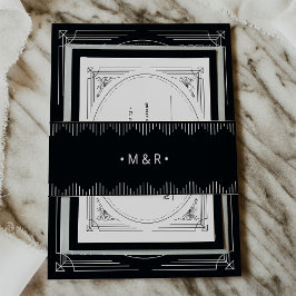 Modern Deco | Elegant Onyx Black met Monogrammen Uitnodigingen Wikkel