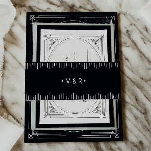 Modern Deco Elegant Onyx Black met Monogrammen Uitnodigingen Wikkel