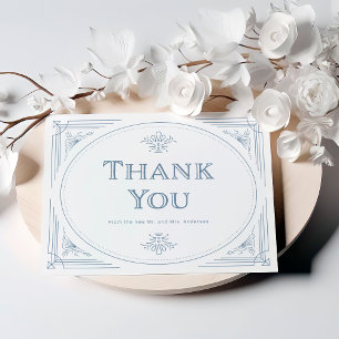 Modern Deco Elegant White en Dusty Blue Wedding Bedankkaart