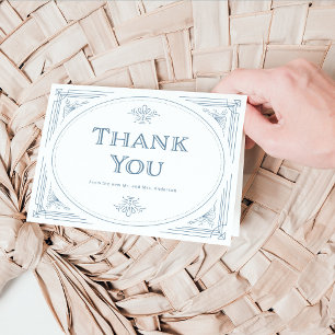 Modern Deco Elegant White en Dusty Blue Wedding Bedankkaart