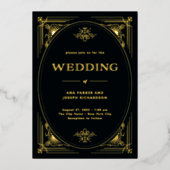 Modern Deco | Elegante Trouwdag Zwart en Goud Folie Uitnodiging (Voorkant)