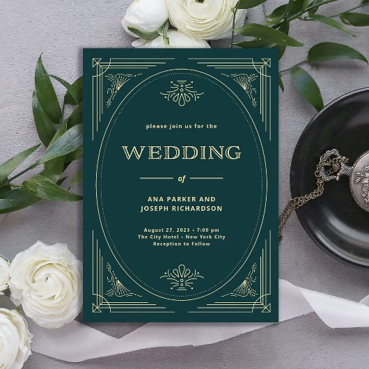 Modern Deco | Emerald Green en Champagne Wedding Kaart