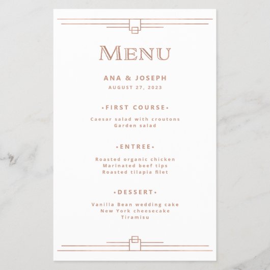 Modern Deco | Nep-roosgoud op wit trouwmenu Flyer (Voorkant)