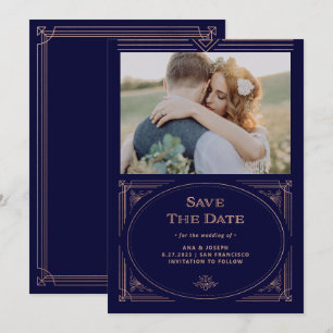 Modern Deco   Nep-rose-goud en marineblauwe foto Save The Date