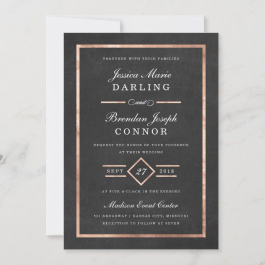 Modern Deco Roos Gold & Black Wedding Invitation Kaart (Voorkant)