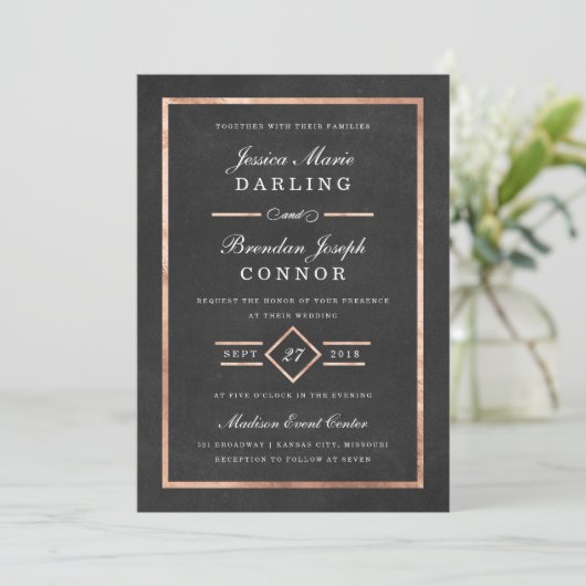 Modern Deco Roos Gold & Black Wedding Invitation Kaart (Staand voorkant)