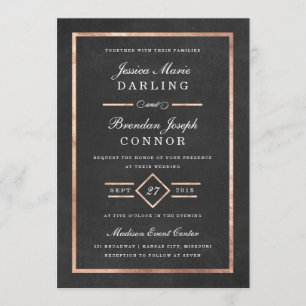 Modern Deco Roos Gold & Black Wedding Invitation Kaart