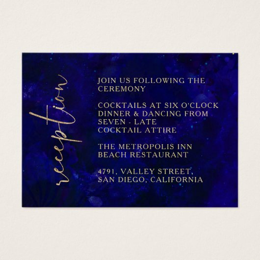 Modern Deep Blue Calligraphy Wedding Reception Visitekaartje (Voorkant)