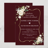 Modern Deep Burgundy White Ivory Flowers Wedding Kaart (Voorkant / Achterkant)