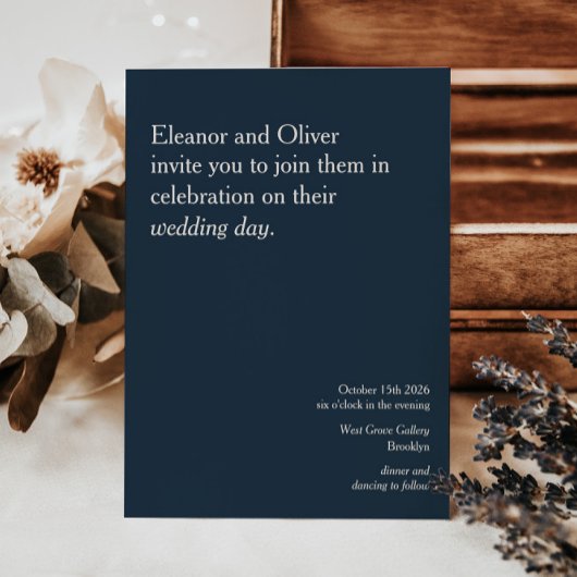 Modern Deep Navy Blue Typography Stylish Wedding Kaart