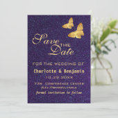 Modern Deep Paars Glitter & Gold Butterfly Save The Date (Staand voorkant)