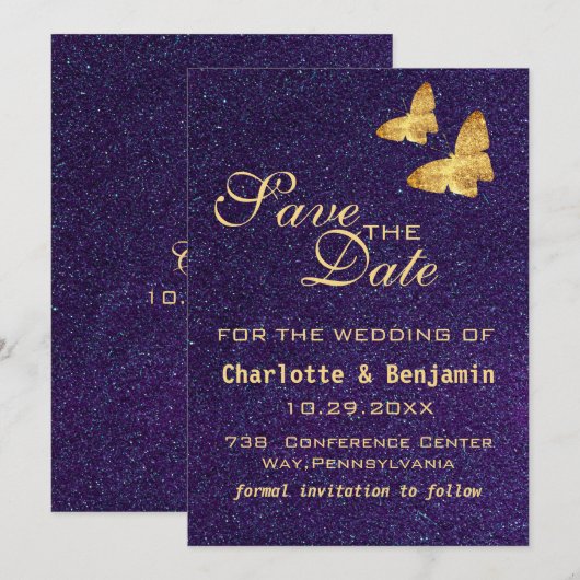 Modern Deep Paars Glitter & Gold Butterfly Save The Date (Voorkant / Achterkant)