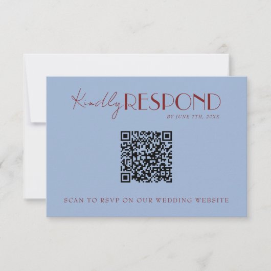 Modern Deep Red Blue QR Code Fancy Wedding RSVP Kaartje (Voorkant)
