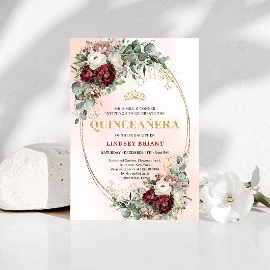 Modern Deep Red Flowers 15th Birthday Invitation