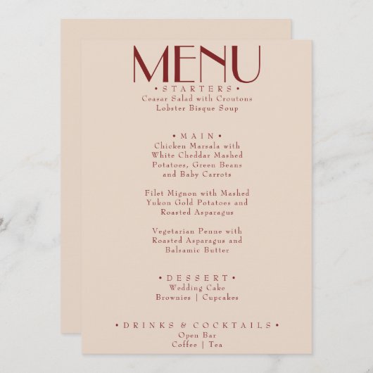 Modern Deep Red Retro Whimsical Fun Wedding Menu (Voorkant / Achterkant)