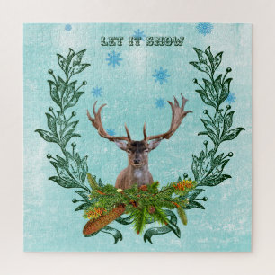Modern Deer Rustic Winter Snowflakes Blue Legpuzzel