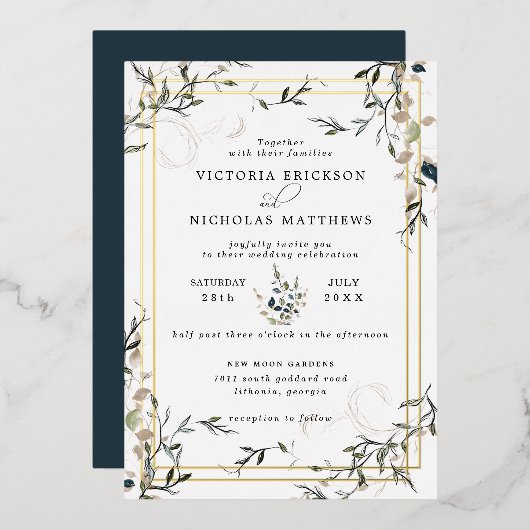 Modern Delicate Spring Greenery Wedding Invitation Folie Uitnodiging (Voorkant / Achterkant)
