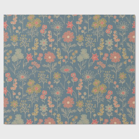 Modern Denim Blauw & Koraal Bloemen Cadeaupapier (Vlak)