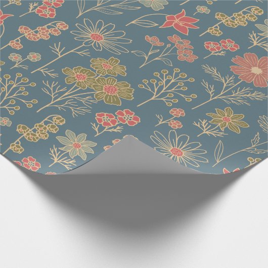 Modern Denim Blauw & Koraal Bloemen Cadeaupapier (Hoek)