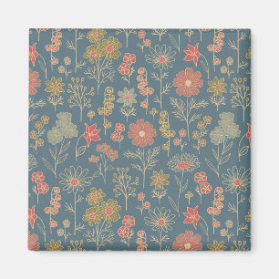 Modern Denim Blauw & Koraal Bloemen Magneet
