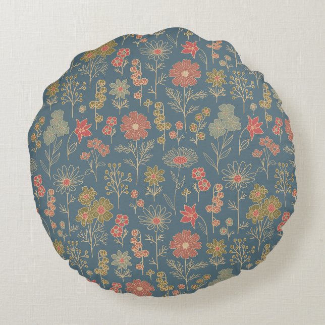 Modern Denim Blauw & Koraal Bloemen Rond Kussen (Achterkant)