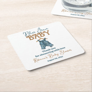 Modern Denim Boy Blue Jean Baby shower Vierkante Kartonnen Onderzetter