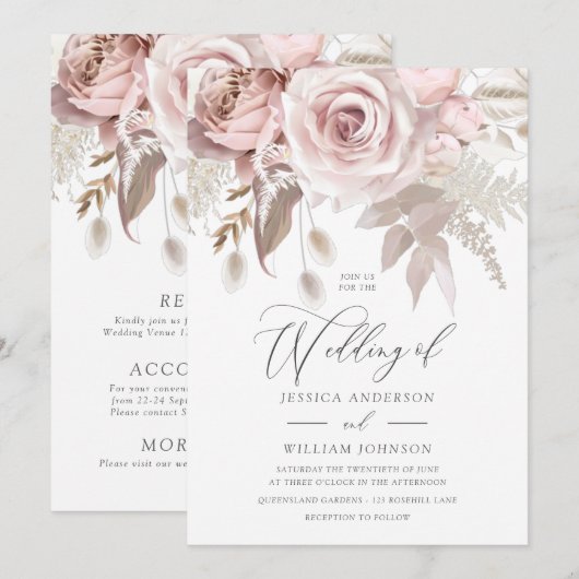 Modern Designer Dusty Rose Blush Details & Wedding Kaart (Voorkant / Achterkant)