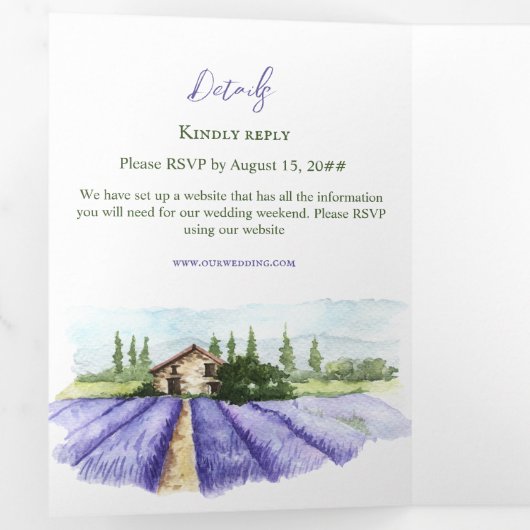 Modern Digital Lavender Country Style Wedding Drieluik Uitnodiging (Binnenzijde eerst)