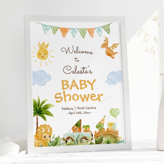 Modern Dinosaur Wit Baby shower Welkom Poster
