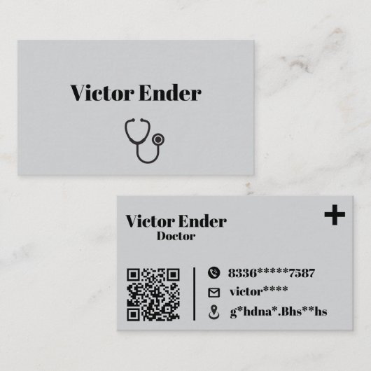 Modern Doctor Visitekaartje met QR-code – Grijs & (Voorkant / Achterkant)