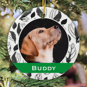 Modern Dog Pet Photo B&W Leaf Pattern Kerstmis Keramisch Ornament