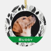 Modern Dog Pet Photo B&W Leaf Pattern Kerstmis Keramisch Ornament (Voorkant)