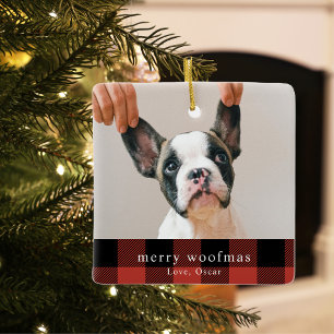 Modern Dog Photo Red Buffalo Pset Merry Woofmas Keramisch Ornament